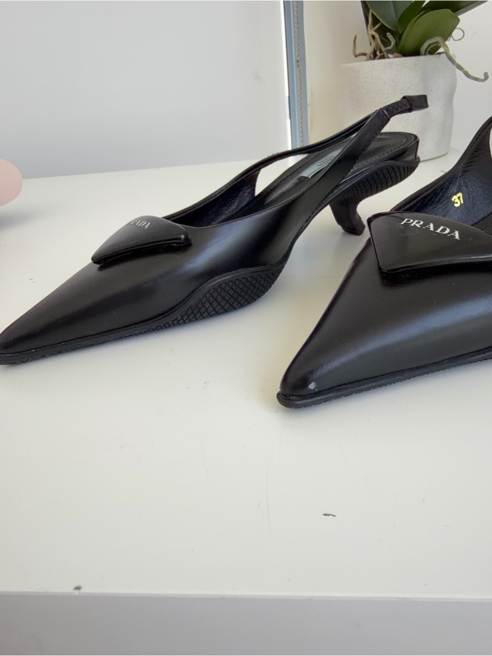 Prada Black Pointed Slingback Pumps with Logo Plaque - Picture 6 of 7